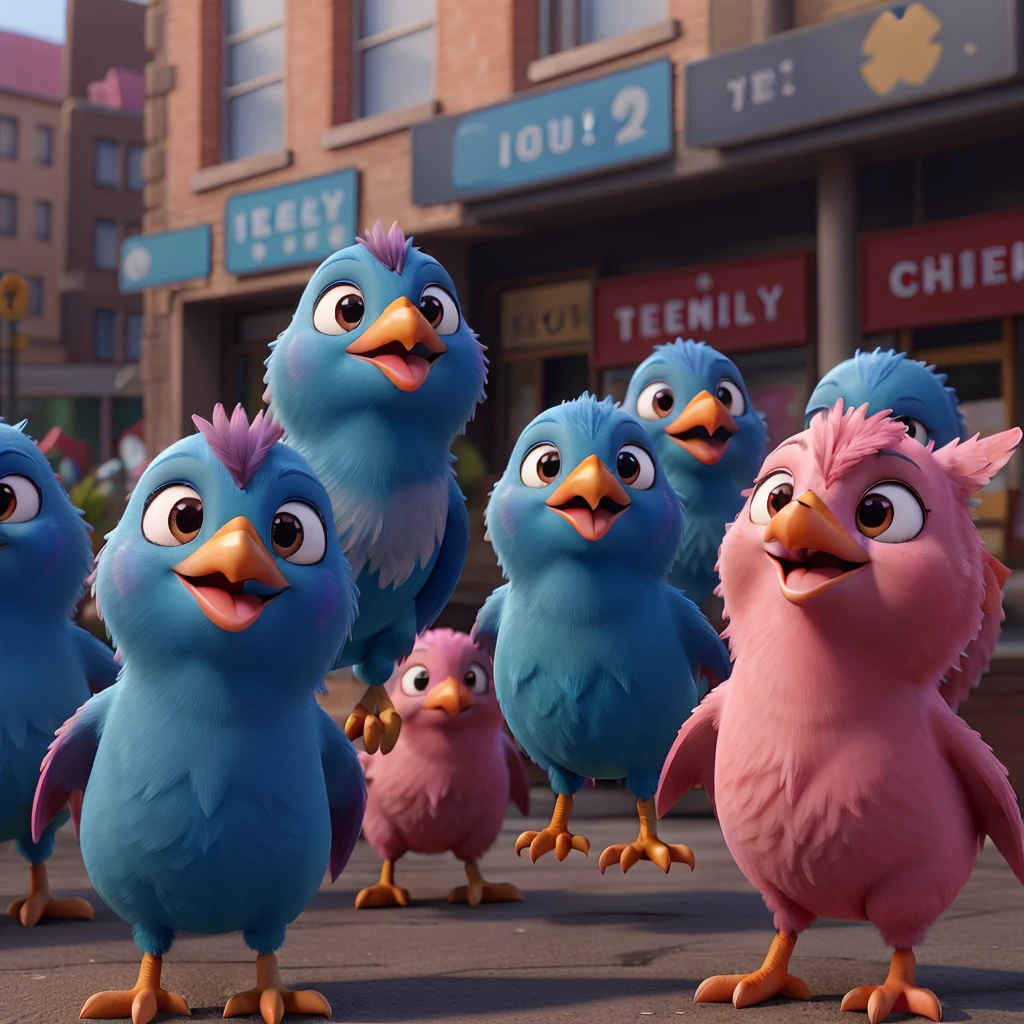 create a 3D image of some nightingales birds, female, pink, happy, flying in the city, so free and wearing a blue outfit. She will be on stage.