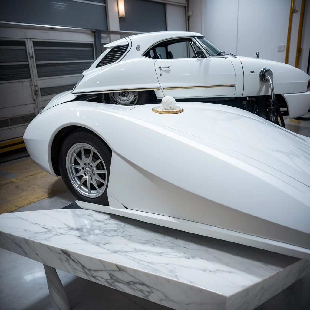On the table sits a white marble car, heavily modified, crafted from Carrara marble and liquid metal, inspired by the works of William Kentridge Hader, a prototype car, a white marble sculpture by Elrod Anyo, a marble sculpture, marble carvings, marble sculptures