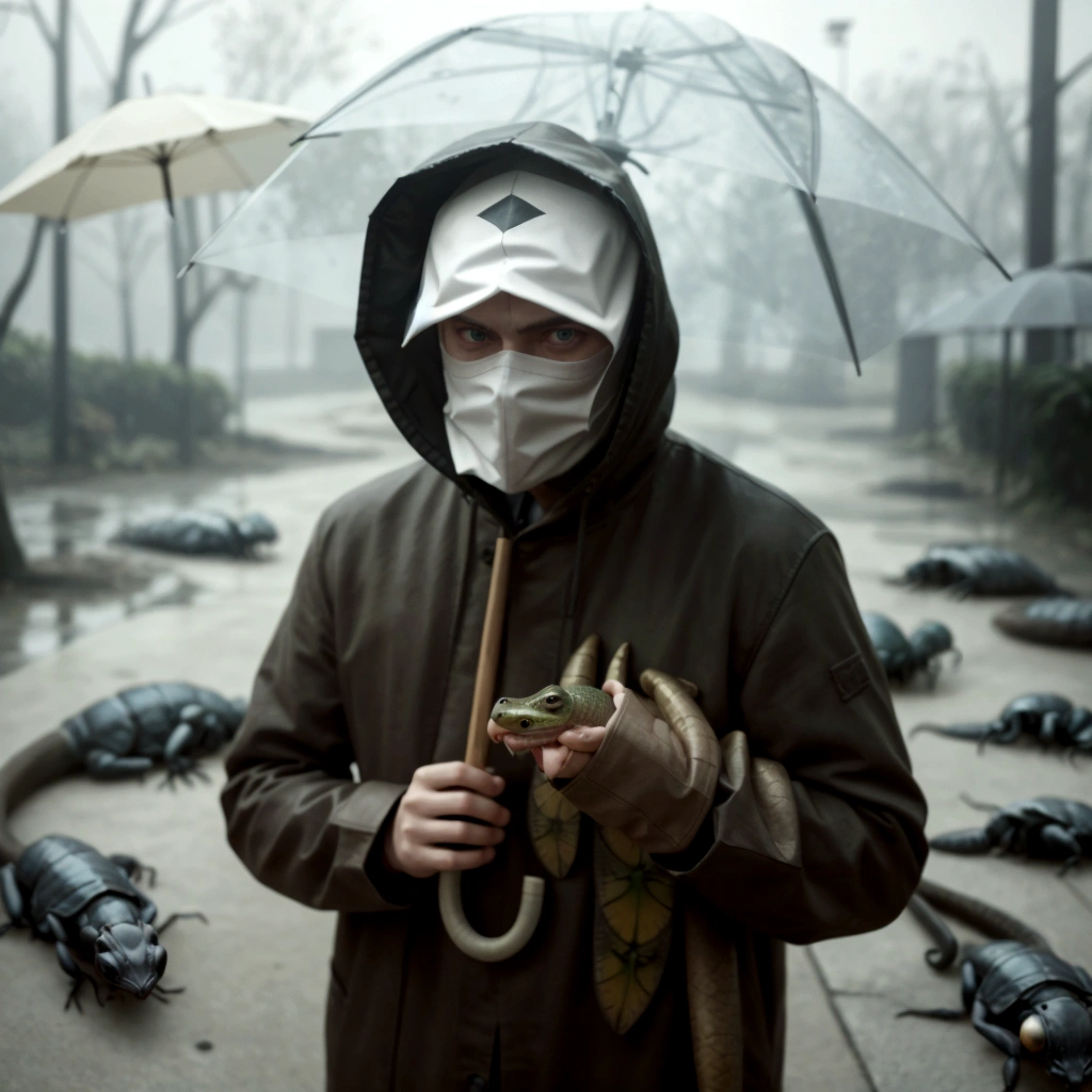 sharpened man with a mask holding an umbrella and a lizard, surreal photography, perfectly realistic, more surreal, beetle. Hyper-Realism, surreal style, hyperrealistic surrealism, surrealist photography, extremely realistic photo, unsplash contest winning photo, photo Alexei Gurylev, lord beast, highly realistic photo, [ trends at CGsociety ]!!, inspired by national geography