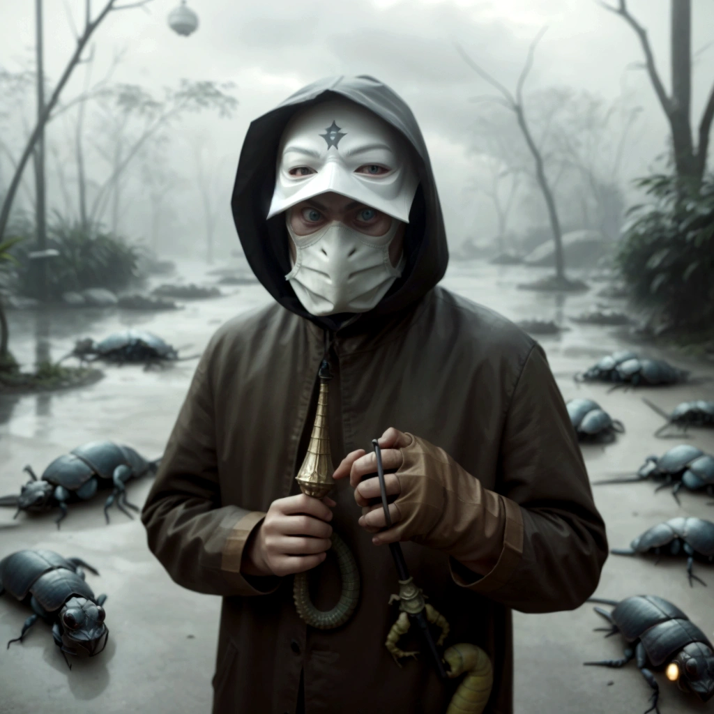 sharpened man with a mask holding an umbrella and a lizard, surreal photography, perfectly realistic, more surreal, beetle. Hyper-Realism, surreal style, hyperrealistic surrealism, surrealist photography, extremely realistic photo, unsplash contest winning photo, photo Alexei Gurylev, lord beast, highly realistic photo, [ trends at CGsociety ]!!, inspired by national geography