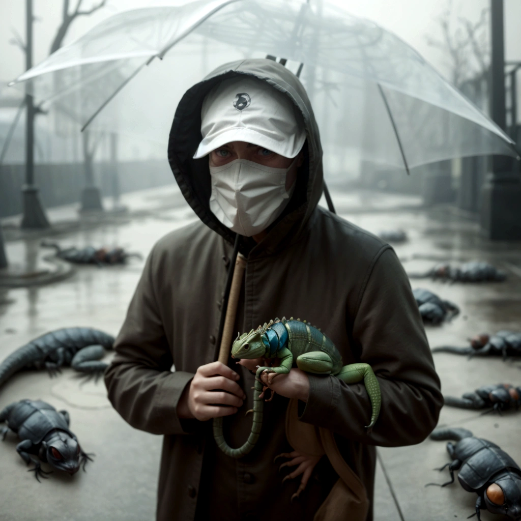 sharpened man with a mask holding an umbrella and a lizard, surreal photography, perfectly realistic, more surreal, beetle. Hyper-Realism, surreal style, hyperrealistic surrealism, surrealist photography, extremely realistic photo, unsplash contest winning photo, photo Alexei Gurylev, lord beast, highly realistic photo, [ trends at CGsociety ]!!, inspired by national geography