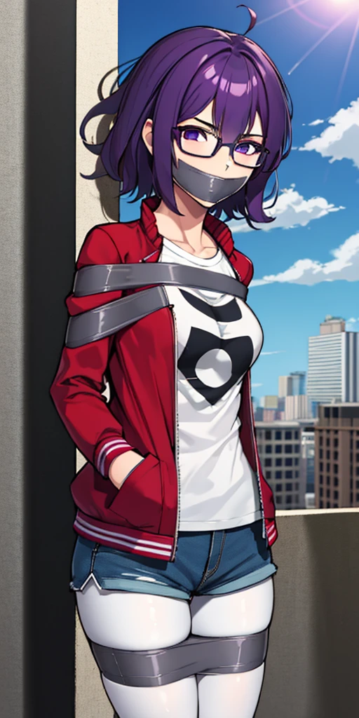 (masterpiece), best quality, expressive eyes, highres, anatomically correct, 1girl, perfect face, perfect hands, female, short hair, messy hair, wavy hair, purple hair, side bang, purple eyes, fair skin, medium chest, slight smirk, purple glasses, casual wear, cowboy shot, half body, perfect anatomy, shorts, graphic t-shirt, jacket, casual wear, pantyhose, medium bust, hands in pockets, posing, city background, blue sky, clouds, sun, bondage, bdsm, arms behind back, gagged, gag, tape above breasts, tape below breasts,