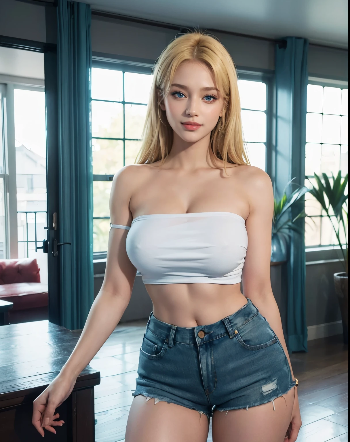 1girl, (Blue Eyes), (smiling :1.1), (beautiful makeup :1.2), (big tits :1.1), big ass, wide hips, (Best Quality, 8k, Masterpiece: 1.3), Clear Focus: 1.2, Perfect Body Beauty: 1.4, Highly detailed face and skin texture, detailed eyes, double eyelids, (shiny skin :1.2), (blonde long hair :1.2), (red strapless t-shirt :1.3), (bare shoulders), (jeans shorts :1.1), standing, dynamic pose, in a living room, nex to a windows