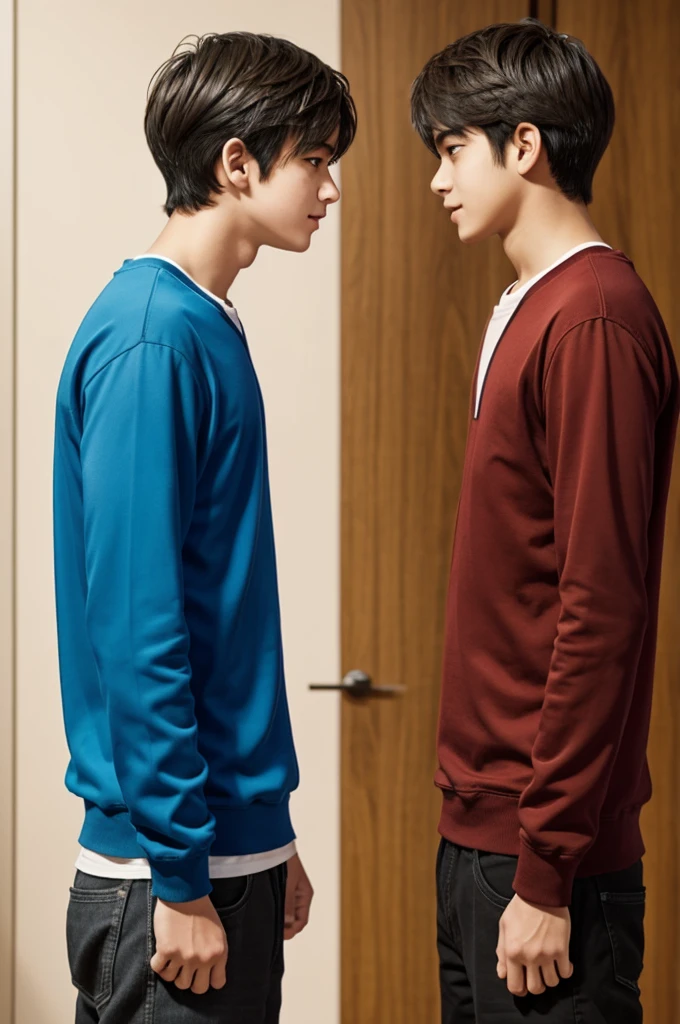 Two boys looking at each other, one taller than the other, anime type