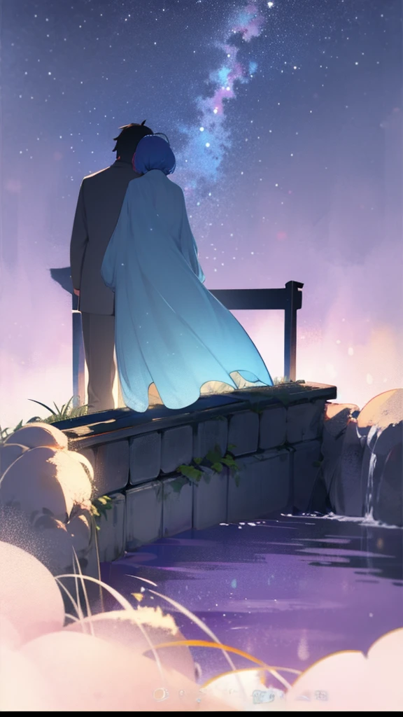 A young couple, silhouetted against a vibrant blue night sky, sits on a bench, gazing at the distant cityscape. The scene is filled with a sense of peace and quiet contemplation, bathed in the soft glow of the moon and stars. The couple's posture suggests a shared intimacy and deep connection.  

[Anime, soft and dreamy, reminiscent of Studio Ghibli's work], [Wide shot, shallow depth of field, focus on the couple, soft lighting, blue and purple tones, star-dusted sky, subtle blur effect, textured grass and foliage in the foreground, a cityscape in the distance]