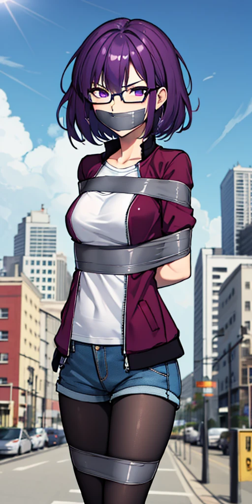 (masterpiece), best quality, expressive eyes, highres, anatomically correct, 1girl, perfect face, perfect hands, female, short hair, messy hair, wavy hair, purple hair, side bang, purple eyes, fair skin, medium chest, slight smirk, purple glasses, casual wear, cowboy shot, half body, perfect anatomy, shorts, graphic t-shirt, jacket, casual wear, pantyhose, medium bust, hands in pockets, posing, city background, blue sky, clouds, sun, bondage, bdsm, arms behind back, gagged, gag, tape above breasts, tape below breasts, 

