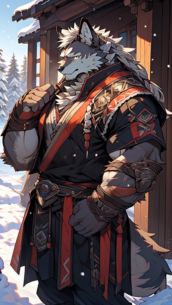 (photorealistic:1.4), 8k, (masterpiece), best quality, highest quality, (highly detailed fur:1.5), (detailed muscles:1.4), (detailed face:1.5), (realistic eyes), original, highres, unparalleled masterpiece, ultra realistic 8k, perfect artwork, grey wolf, male, middle aged, (general:1.2), armor, scars, (casual clothing:1.3), long hair, braided hair, white braids, cold northern environment, (snowy:1.2), (father and son bonding:1.4), (heartwarming interaction:1.3)