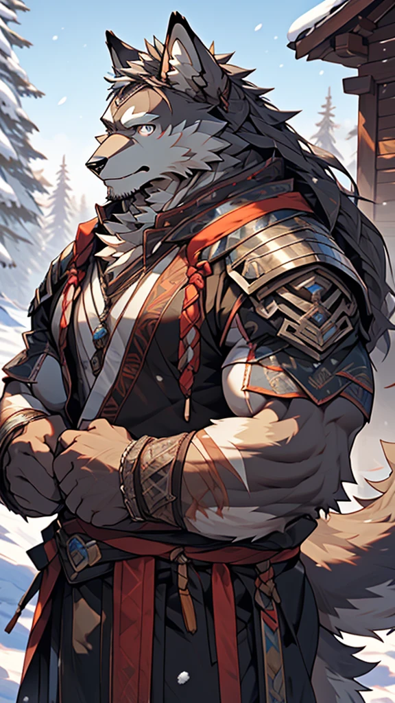 (photorealistic:1.4), 8k, (masterpiece), best quality, highest quality, (highly detailed fur:1.5), (detailed muscles:1.4), (detailed face:1.5), (realistic eyes), original, highres, unparalleled masterpiece, ultra realistic 8k, perfect artwork, grey wolf, male, middle aged, (general:1.2), armor, scars, (casual clothing:1.3), long hair, braided hair, white braids, cold northern environment, (snowy:1.2), (father and son bonding:1.4), (heartwarming interaction:1.3)