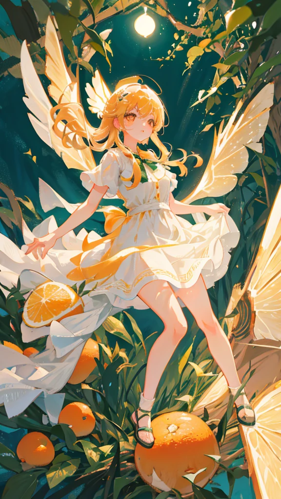 Showing the whole body, cute, baby face, big breasts, flying in the sky, in the forest, simple white dress, long hair, alone, short, fairy wings, honey blonde hair, lemon tree, orange eyes 