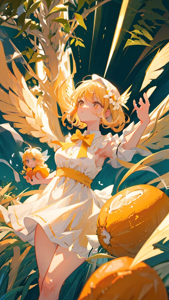 Showing the whole body, cute, baby face, big breasts, flying in the sky, in the forest, simple white dress, long hair, alone, short, fairy wings, honey blonde hair, lemon tree, orange eyes 