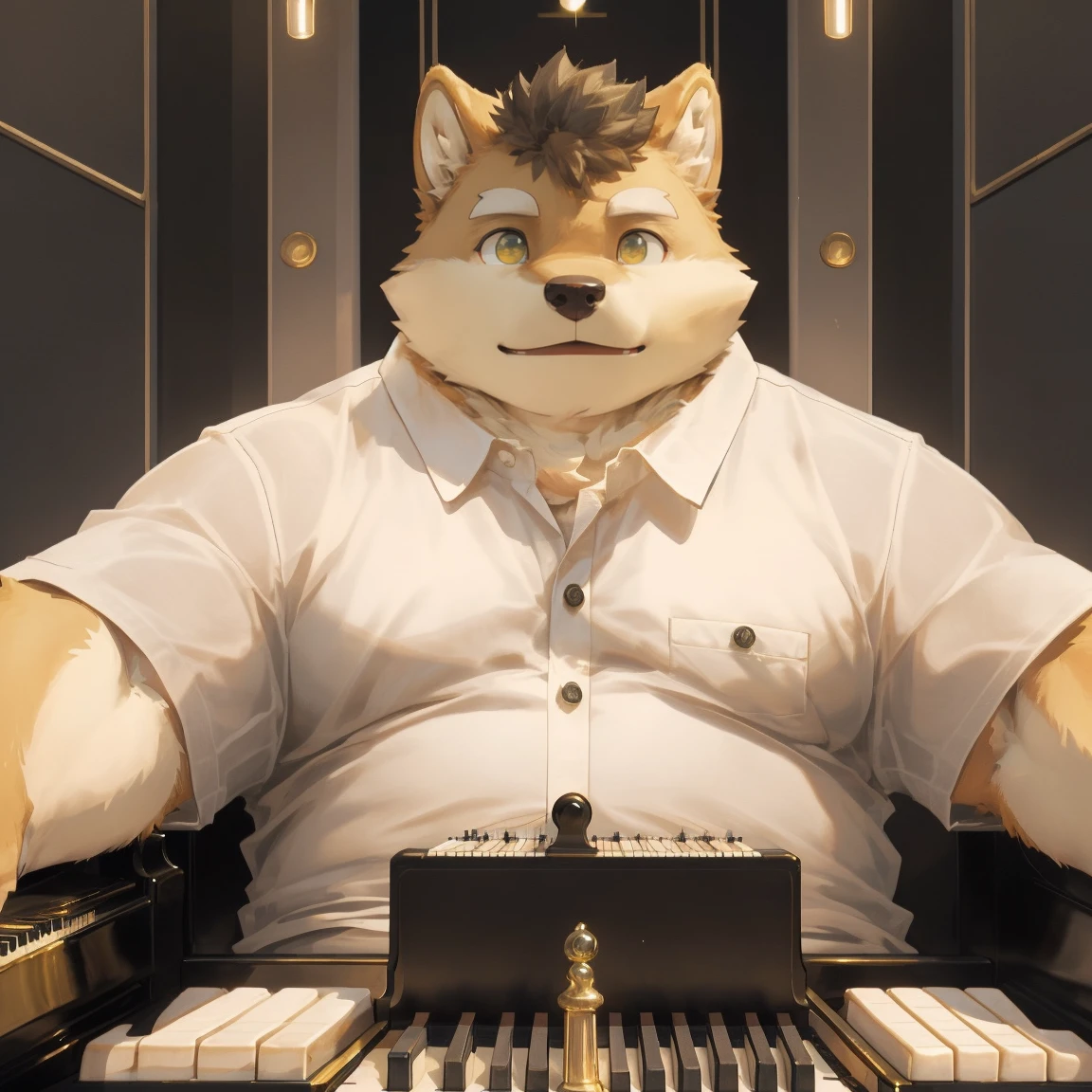 masterpiece, best quality, 8k resolution, Very detailed, hairy,Shiba Inu,(Black hair),(((golden fur))),(((Golden Eyes))),Chubby,Chubby face,(((White shirt))),(((Loose shirt))),((Black pants)),Highest quality scene,(((Solitary))),(((solitary))),portrait,((弹piano)),((light)),(((piano))),(((earnest))),(((Round face)))