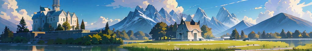 High quality masterpiece,scenecy,small church, sunny sky, mountain, natural scenery, outdoor, pixiv,concept-art,Lofi art style,Reflectors, by makoto shinkai, lofi art, beautiful anime scenes, Anime landscapes, Detailed scenery, in style of makoto shinkai, style of makoto shinkai,Detail enhancement