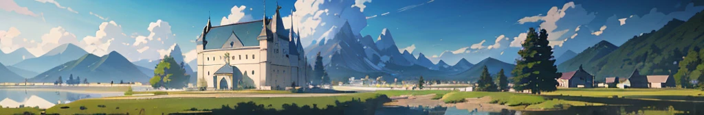 High quality masterpiece,scenecy,small church, sunny sky, mountain, natural scenery, outdoor, pixiv,concept-art,Lofi art style,Reflectors, by makoto shinkai, lofi art, beautiful anime scenes, Anime landscapes, Detailed scenery, in style of makoto shinkai, style of makoto shinkai,Detail enhancement
