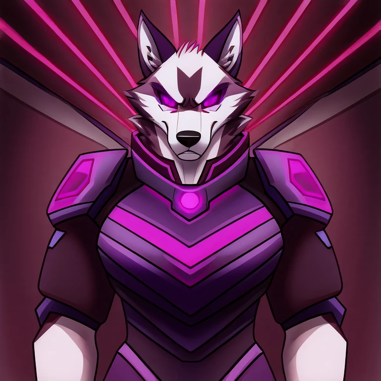 (masterpiece, best quality: 1.2), Vortex Hellhound, a bodyguard, wolf, furry, an amazing boss, hypnotized with glowing purple eyes, serious and angry face, wearing futuristic armor, capturing a female hellhound with normal eyes and white fur, wearing civilian clothes in a technologic room