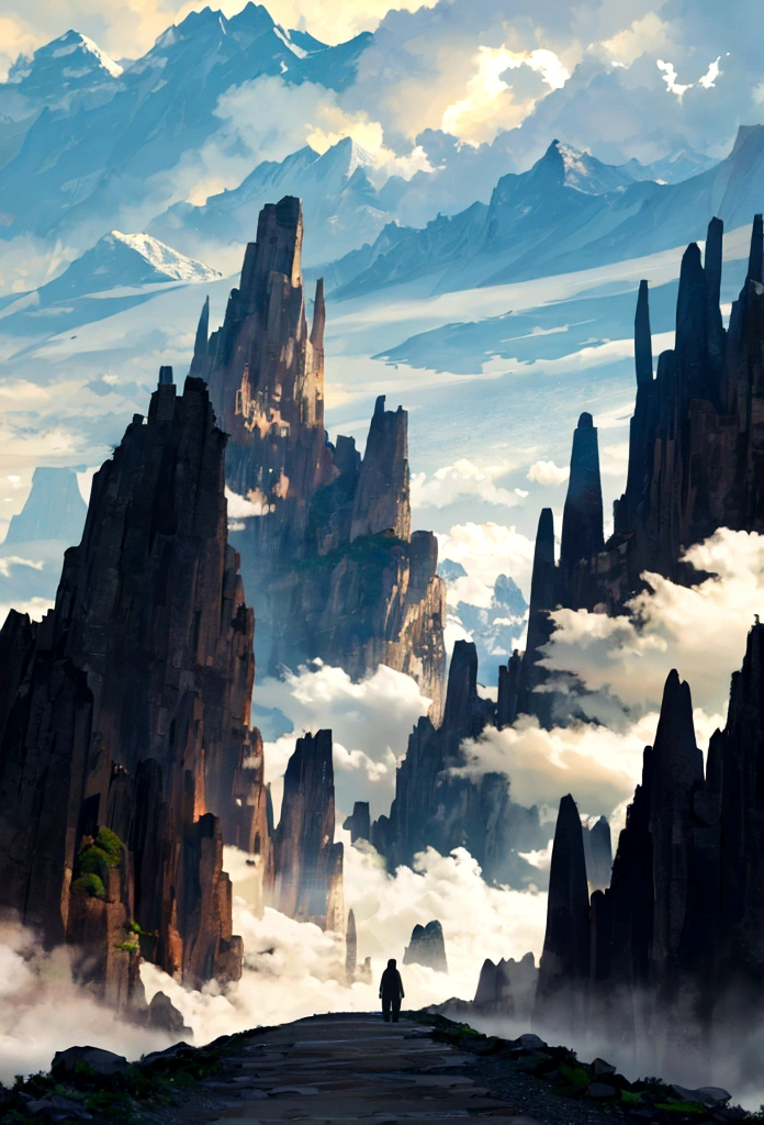 Mountains towering into the clouds lined both sides of the path, with a narrow gap in the middle just wide enough for one person to walk through.