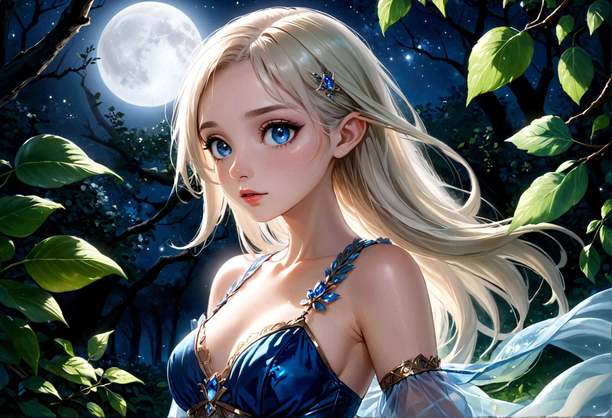 A moon elf (greatly resembling Paris Hilton age 25, waist length hair, pale skin, crystal blue eyes, spider silk sheer evening gown) is flirting and studying the viewer, moonlit glade