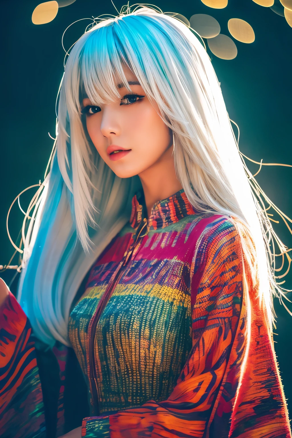 Masterpiece, high quality, high resolution, 8K, (solo:1.2), ((1girl)), Japanese woman, detailed face, detailed eyes, correct body structure, upper body, ((White hair:1.2)), very long hair, messy hair, slender body, seductive silhouette, luminous bones, depth of field, dark photo at nighttime, dimly lit, bangs, Cinematic Lighting, Tyndall effect, abstract background, futuristic outfits, vibrant colors, modern style, wide sleeves, artistic, unique patterns, colorful, stylish, trendy