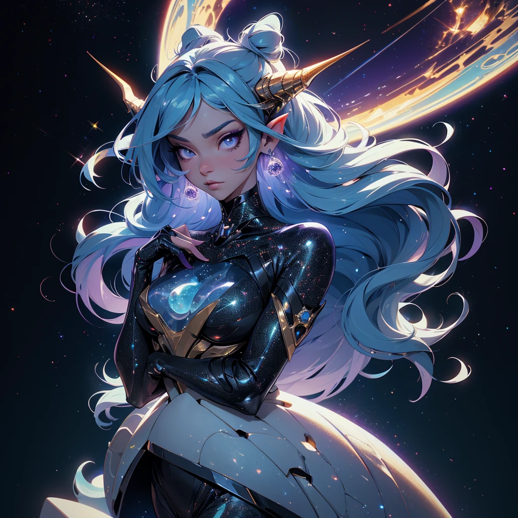 A space dragon sitting at the edge of the universe, lonely, sad, void, stars, the stars mixed in the sea, a sea of stars, ethereal woman, Blue and purple hair , space buns, space outfit, white black and gold outfit, golden dragon horns and tail, space outfit, space suit, mass effect suit, perfectly drawn face, black dress, stars detailed background, prismatic lighting, glitter, whole body, walking on the stars with crystal shoes A beautiful dragon humanoid woman with space hair of variant shades of blue and purple with space buns in hair , Golden scanes on the face and shoulders, Anime, 4k, Beautiful woman with a golden dragon tail and horns, Space hair, Floating in space, Vintage space Attire, floating through space, dancing, havign fun, Space Witch, Witch, Older woman, Toned physique, long hair with side bangs, humanoid face with scales, human with dragon horns and tail, witch outfit, body suit, thigh boots, wearing black, white and gold, blue hair, purple hair, Woman in space with water rippling reflecting the night sky, space and water mixed today, dancing in space, floating, ethereal dragon at the edge of the universe, end of the universe