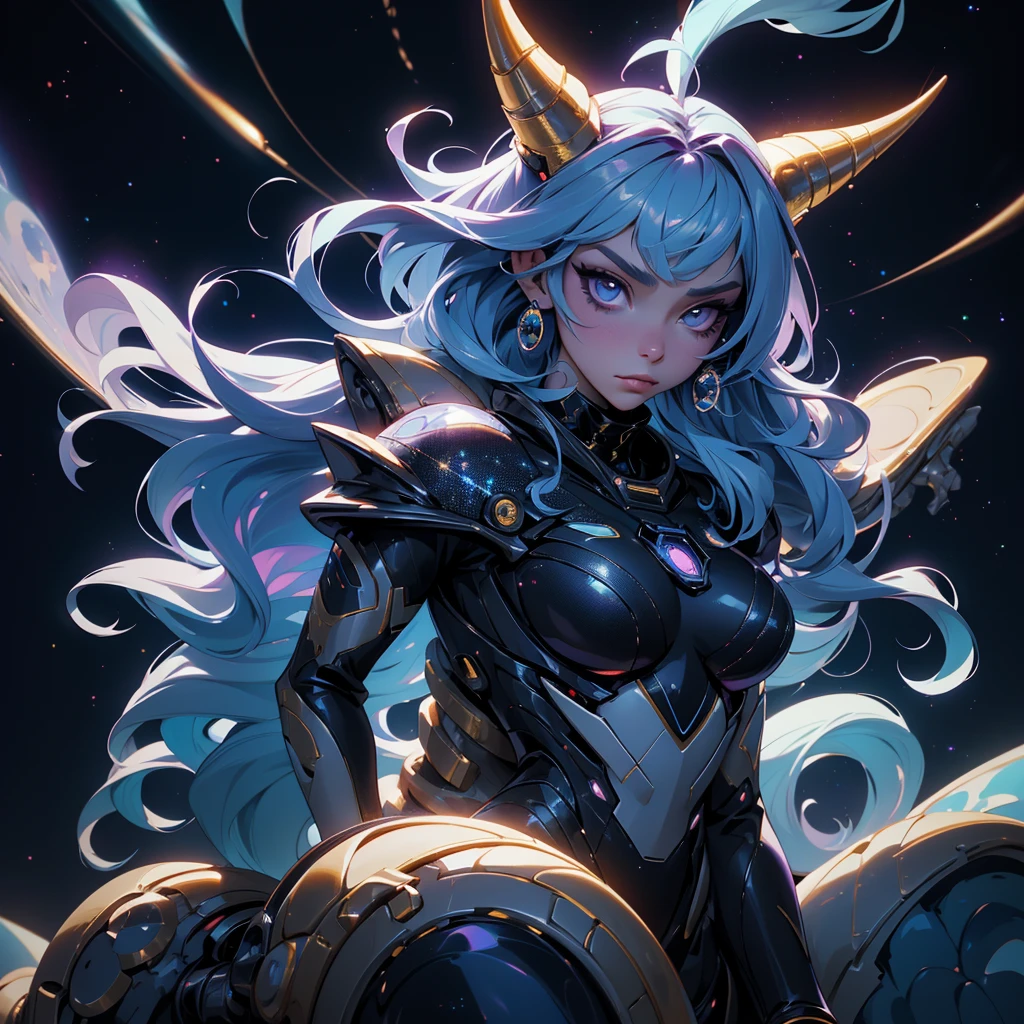 A space dragon sitting at the edge of the universe, lonely, sad, void, stars, the stars mixed in the sea, a sea of stars, ethereal woman, Blue and purple hair , space buns, space outfit, white black and gold outfit, golden dragon horns and tail, space outfit, space suit, mass effect suit, perfectly drawn face, black dress, stars detailed background, prismatic lighting, glitter, whole body, walking on the stars with crystal shoes A beautiful dragon humanoid woman with space hair of variant shades of blue and purple with space buns in hair , Golden scanes on the face and shoulders, Anime, 4k, Beautiful woman with a golden dragon tail and horns, Space hair, Floating in space, Vintage space Attire, floating through space, dancing, havign fun, Space Witch, Witch, Older woman, Toned physique, long hair with side bangs, humanoid face with scales, human with dragon horns and tail, witch outfit, body suit, thigh boots, wearing black, white and gold, blue hair, purple hair, Woman in space with water rippling reflecting the night sky, space and water mixed today, dancing in space, floating, ethereal dragon at the edge of the universe, end of the universe