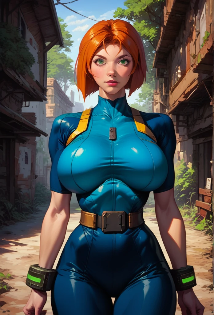 score_9, score_8_up, score_7_up, score_6_up, explore, 1girl, solo, woman, 21 year old female, muscular, huge breasts, curvy hips, tight waist, green eyes, sam \(totally spies\), orange hair, long hair, ripped fallout vault suit, blue and yellow, (big bracelet with square screen on 1wrist), deserted town, western, outdoors, realistic, sunlight, vibrant colors, masterpiece, action lines, hard_surface,
1960s \(style\), classic ad, fallout, detailed_background, NSFW,