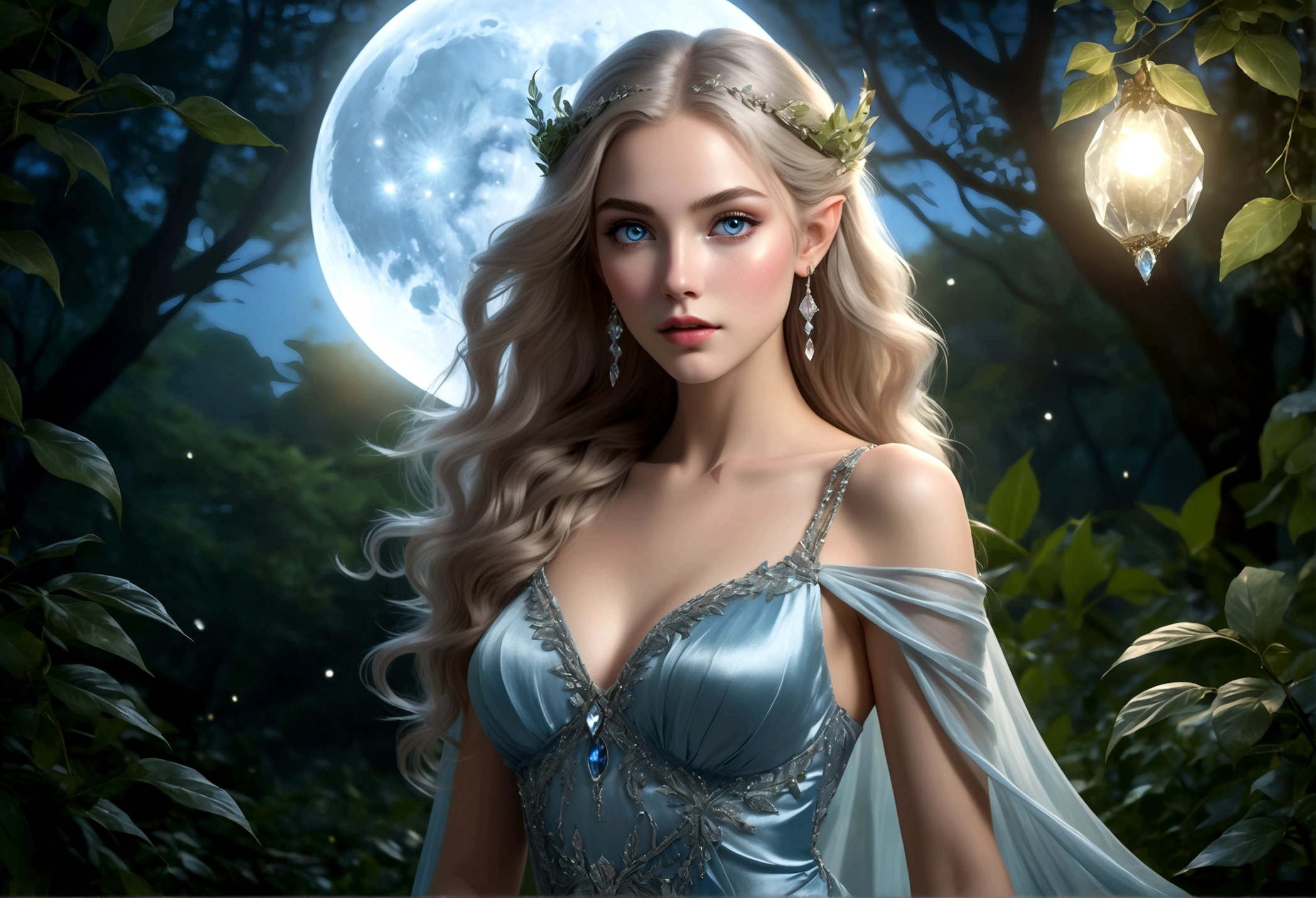 A beautiful young moon elf with waist-length hair, pale skin, and crystal blue eyes, wearing a sheer crystal silk evening gown, flirtatiously studying the viewer in a moonlit glade, (best quality,4k,8k,highres,masterpiece:1.2),ultra-detailed,(realistic,photorealistic,photo-realistic:1.37),portrait,fantasy,cinematic lighting,dramatic lighting,glowing skin,detailed facial features,long eyelashes,glossy lips,elegant pose,ethereal,shimmering fabric,moonlight,mist,full moon,lush foliage
