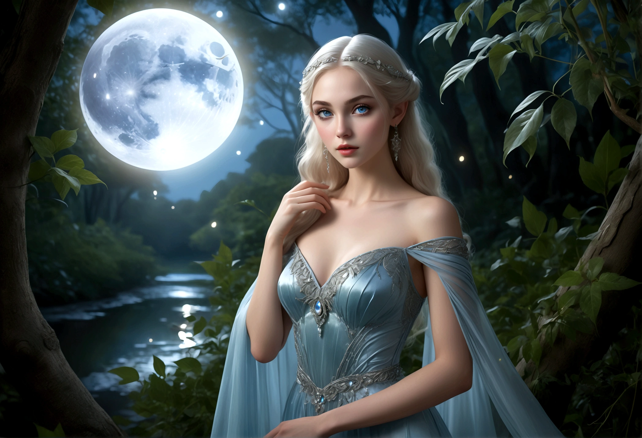 A beautiful young moon elf with waist-length hair, pale skin, and crystal blue eyes, wearing a sheer crystal silk evening gown, flirtatiously studying the viewer in a moonlit glade, (best quality,4k,8k,highres,masterpiece:1.2),ultra-detailed,(realistic,photorealistic,photo-realistic:1.37),portrait,fantasy,cinematic lighting,dramatic lighting,glowing skin,detailed facial features,long eyelashes,glossy lips,elegant pose,ethereal,shimmering fabric,moonlight,mist,full moon,lush foliage