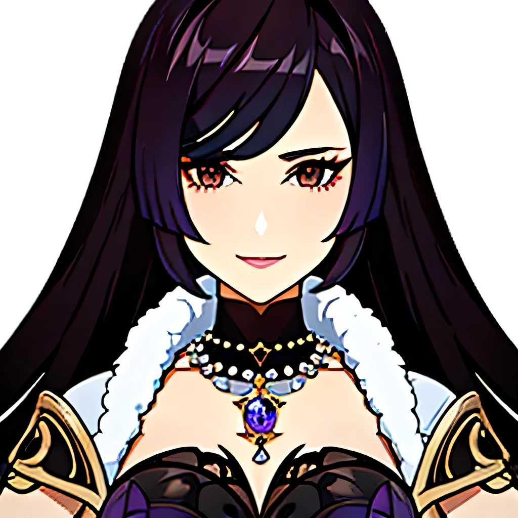 [a beautiful mature woman with a seductive smile and parted lips against a white background. She has sharp eyelashes, perfect brown eyes,  long black hair with bangs. His figure is voluptuous, with a narrow waist, Broad Hips, and huge breasts. The image has a style inspired by Genshin impact, with necklace with a purple crystal, rendered in high detail and HDR quality as a stunning work of art.] Full HD , Nude, oppai 