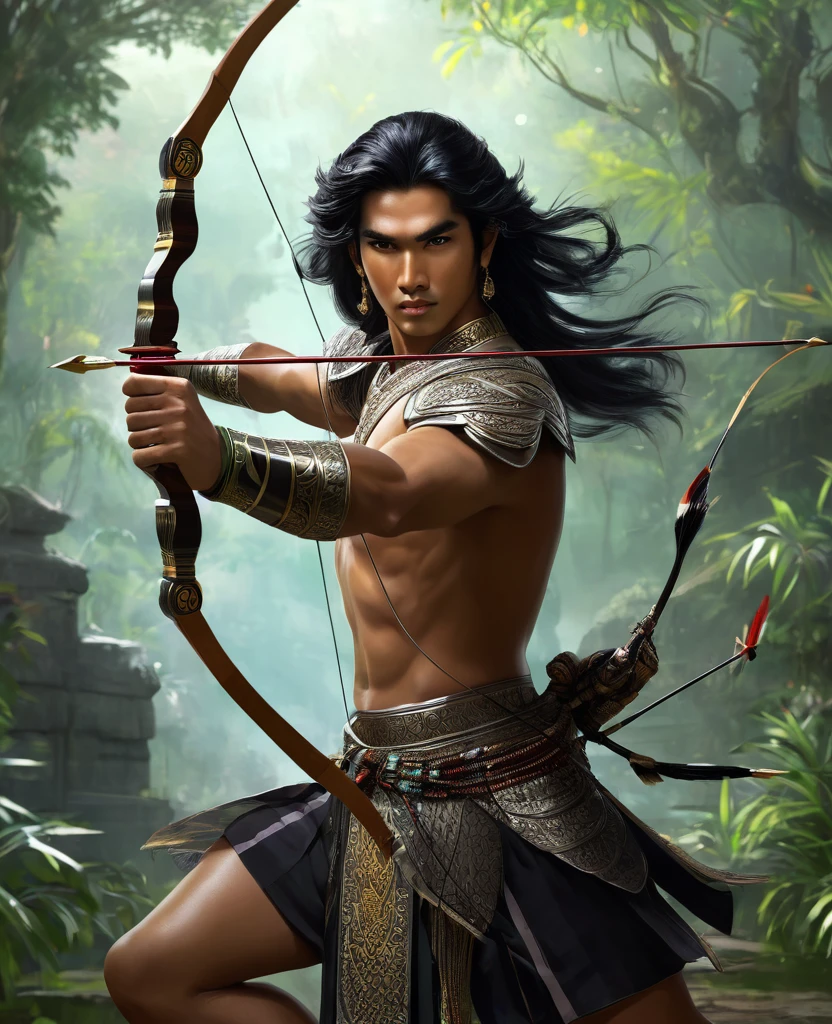 Arjuna in Mahabarata is shooting archery, holding a bow and arrow, Javanese handsome prince, majapahit warrior, long wavy black hair, hair tied up, wide eyes looking sharp and firm, very handsome face, bare chested, wearing ancient Javanese knight jawelry, realistic, background black, fantasy, intricate, elegant, highly detailed, digital painting, art station, concept art, 4k, complete body