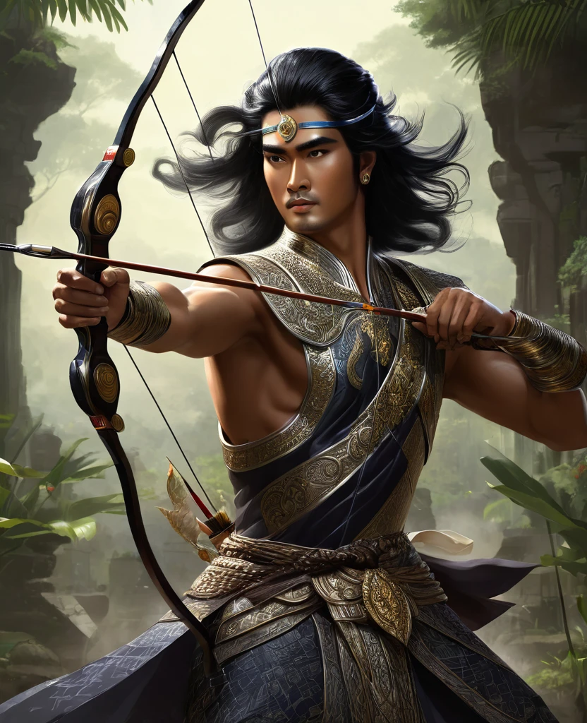 Arjuna in Mahabarata is shooting archery, holding a bow and arrow, Javanese handsome prince, majapahit warrior, long wavy black hair, hair tied up, wide eyes looking sharp and firm, very handsome face, bare chested, wearing ancient Javanese knight jawelry, realistic, background black, fantasy, intricate, elegant, highly detailed, digital painting, art station, concept art, 4k, complete body