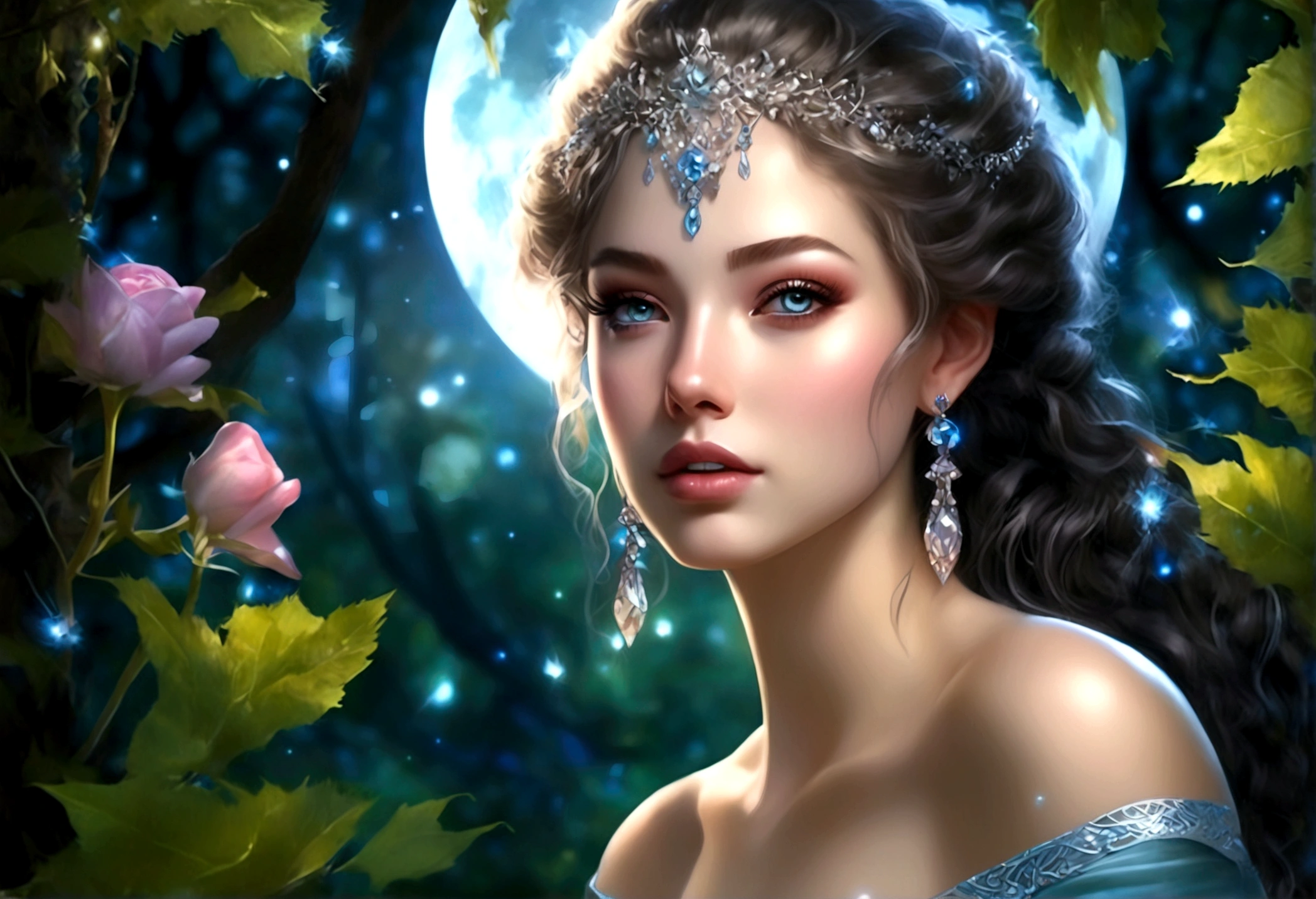A beautiful young moon elf with waist-length hair, pale skin, and crystal blue eyes, wearing a sheer crystal silk evening gown, flirtatiously studying the viewer in a moonlit glade, (best quality,4k,8k,highres,masterpiece:1.2),ultra-detailed,(realistic,photorealistic,photo-realistic:1.37),portrait,fantasy,cinematic lighting,dramatic lighting,glowing skin,detailed facial features,long eyelashes,glossy lips,elegant pose,ethereal,shimmering fabric,moonlight,mist,full moon,lush foliage
