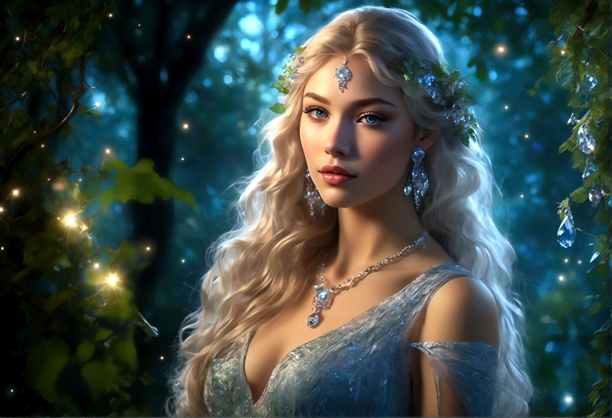 A beautiful young moon elf with waist-length hair, pale skin, and crystal blue eyes, wearing a sheer crystal silk evening gown, flirtatiously studying the viewer in a moonlit glade, (best quality,4k,8k,highres,masterpiece:1.2),ultra-detailed,(realistic,photorealistic,photo-realistic:1.37),portrait,fantasy,cinematic lighting,dramatic lighting,glowing skin,detailed facial features,long eyelashes,glossy lips,elegant pose,ethereal,shimmering fabric,moonlight,mist,full moon,lush foliage