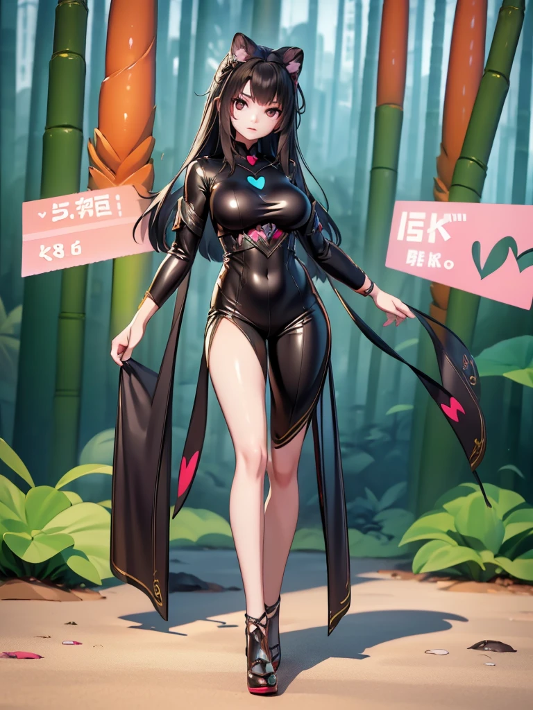 Seizo Watase style, Simple Line Initialism，Abstract art, 3d character, colorful hearts ,(((The most beautiful girl of all time))),  (full body 1.2), only girl, 2 burn hair, jungle background, 25 year old, full body, (((8k))),, (((3d))),, black hair, black silicon Jumpsuit, sort hair