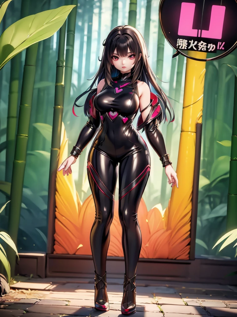 Seizo Watase style, Simple Line Initialism，Abstract art, 3d character, colorful hearts ,(((The most beautiful girl of all time))),  (full body 1.2), only girl, 2 burn hair, jungle background, 25 year old, full body, (((8k))),, (((3d))),, black hair, black silicon Jumpsuit, sort hair