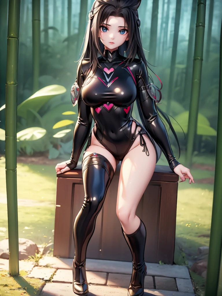 Seizo Watase style, Simple Line Initialism，Abstract art, 3d character, colorful hearts ,(((The most beautiful girl of all time))),  (full body 1.2), only girl, 2 burn hair, jungle background, 25 year old, full body, (((8k))),, (((3d))),, black hair, black silicon Jumpsuit, sort hair