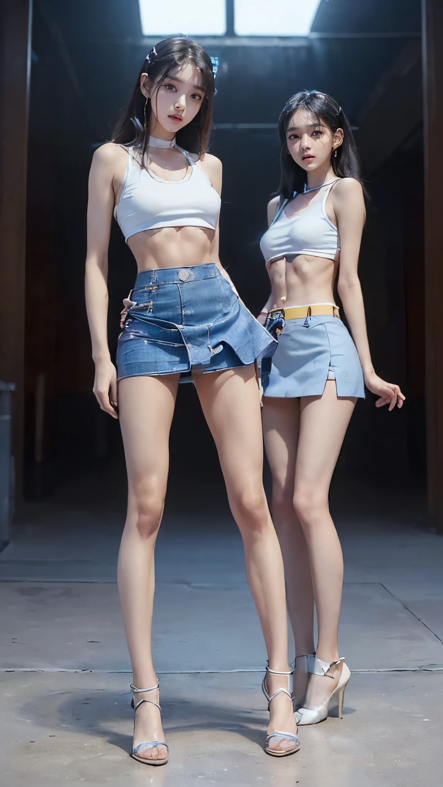 (8K、Raw photo、最high quality、masterpiece:1.5),((((((Both of them stand with their legs apart:1.9)))))),(((((Both of them have an inseam that is more than half their height.:1.8))))),((Both have bare legs:1.3)),((Both of them are super slim:1.4))，((((Both girls look just like WONYOUNG from the K-pop group IVE.:1.9)))),(((They both have super skinny legs:1.6))),(((Both are 173cm tall:1.4))),((Perfect k-pop IVE WONYOUNG style duo:1.3)),(((((Both of them take full body shots:1.8))))),((((Both of you should face your whole body straight ahead.:1.8)))),(((Photographed from below to show the whole body of the legs so that they look longer.:1.7))),Skin irregularities are reproduced in minute detail:1.4, (Super thin waist: 1.2),((超Thin thighs:1.2)), Thin buttocks,Open the navel,１Detailed reproduction of the navel,((Perfect super slim legs:1.3)),(((both of them are the same height:1.3))),(((Both of them have amazingly slim figures.:1.2))),(((Both of them are wearing micro mini skirts with a rise of 15cm and a crotch of 1cm.:1.8))),(Both are 16 years old:1.2),((((Both of them are extremely exposed.:1.7)))),(((((Both of them have super-strong abs:1.9))))),((Both of them were wearing short, form-fitting white sports bras.:1.4)),(((Big boobs but no bra:1.4))),(((Both of their nipples were clearly visible under their camisoles.:1.4))),((((Standing in a fashionable theme park on a sunny day:1.4)))),Highly detailed face and skin texture,(Both of you stand with your legs straight and without bending your knees.:1.3),(((They&#39;re both the same height:1.4))),((Both of them look just like WONYOUNG from the K-pop idol IVE.:1.8)), ((((Sunny afternoon:1.3)))),((cute:1.4)),Both are fair-skinned Asians,,Both of them have beautiful eyes,,Both of them have beautiful eyes,,Both of them have beautiful noses, which are realistically reproduced.,Both of them have realistic eyes.,Both have beautiful mouths,((They both have beautiful fingers)),nail,Both of them have beautiful faces.,Both of their beautiful faces are realistically reproduced.,cute,(Ultra-Realistic Details), Natural Shadows,(Very small hips:1.4),Large firm breasts, Super long thighs,(((超Thin thighs:1.2))),(((Super slim calves))),(Both of them have the slender bodies of well-trained track and field athletes.:1.5),(Super muscular body:1.5),Super toned waist,(Super thin waist:1.3),((White high heels:1.2)),lengthen limbs,(((((Shooting the whole body from calf height:1.6))))),(Both of them have slim, toned ankles.:1.2),((((Wide open abdomen:1.5)))),Hands on hips,Both of them face forward,((Both figures have detailed and clear reproduction of the crotch area.)),((Super long legs:1.3)),Thin thighs,((Both of them have bare legs.:1.5),((Both of them are showing off their legs in a very extreme way.:1.4),((Both of them are showing off their bellies in an extremely extreme way.:1.4),(Black hair ponytail),((Both of them stand up straight.)),((Keep your hips facing forward:1.5)),2人とも8頭身スタイルBeauty,The ankles are super thin,The arms are very thin and muscular,Make your arms thinner,(((Clearly reproduces the skin texture of the legs down to the finest detail))),Faithfully reproducing the fingers of the hand,(Both of them have super long legs.),(Accurate reproduction of each finger:1.3),(((Each toe is accurately reproduced:1.2))),The middle of the thighs are very thin,(((Clearly reproduces the muscle texture of ultra-muscular and ultra-thin calf skin))),(((超筋肉質な超Thin thighsの肌の筋肉質感を明確に再現する))),(Very tight waist:1.2),((Both of them have an inseam that is more than half their height.の美脚:1.6)),(Extremely thin thighs),Beauty,Fine skin,Firm skin,(((Both of them should fit from the top of their heads to the toes of their heels.:1.5))),(((They both have super skinny legsの肌を細部まで忠実に再現する))),(Both of them are super muscular and have super thin legs with realistic skin.:1.3),((Realistically reproduces the fine details of toned, slender leg skin:1.3)),((Dazzling Midsummer)),(((Both of them have super-strong quadriceps:1.6))),(((Both of them have extremely well-trained gastrocnemius and soleus muscles.:1.6))),((2人とも超細くてSuper long legs:1.2)),Front lighting,A little overexposed, Super detailed, High detail, high quality, Awards,High resolution,(Anatomically correct:1.5)　