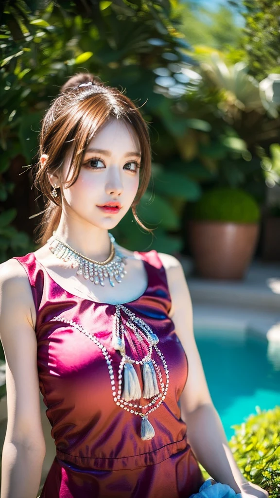 (((HD photo))), ultra high res.photorealistic:. 1.4, UHD a woman in a beautiful garden, wearing a traditional shalwar kameez dress, standing gracefully with a serene expression. The woman has almond-shaped eyes with long eyelashes and perfectly shaped eyebrows. Her lips are full and delicately detailed, adding to her beauty. The shalwar kameez dress is made of fine silk fabric with intricate embroidery, displaying vibrant colors and patterns. The garden is filled with blooming flowers, lush green trees, and a tranquil pond. The sunlight gently filters through the foliage, casting a warm and soft glow on the scene. The image is of the highest quality, with ultra-detailed textures and realistic rendering. The colors are vivid and vibrant, creating a visually stunning masterpiece.