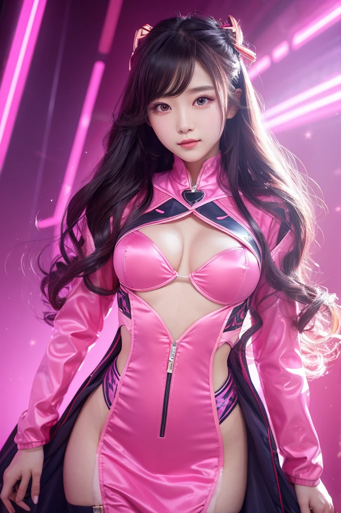 Personifying AI。woman。20-year-old。Long wavy hair。Futuristic costume with a large amount of fabric。Pink background。