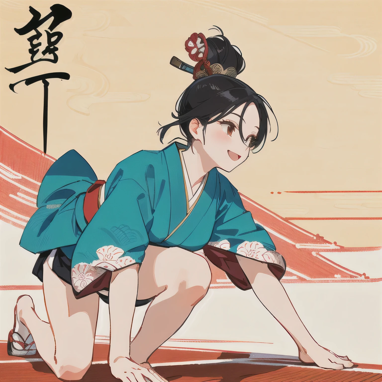 Track and field competitions in the Edo period、100m、walk short distance、kimono、woman、Start pose、Same pose、Japanese、Ukiyo-e、Japanese painting、An illustration