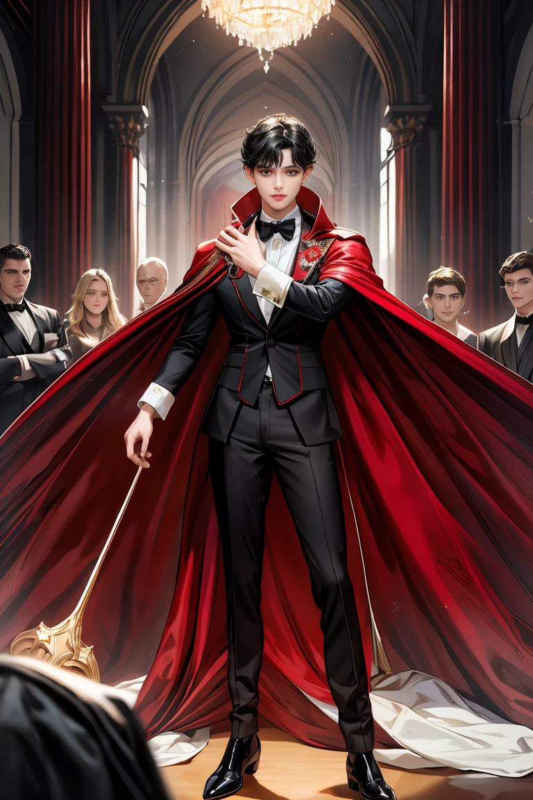 
masterpiece, 最high quality, high quality, 1 boy, alone, Male focus, Watching the audience,  Messy black hair, Adorable big blue eyes, White people, Noble, Noble,Sexy voluminous black and red cape、Tuxedo、A very voluminous, large, very large, very large, long, long red and black cape with a high stand-up collar, reaching down to the floor, made of a lot of fabric., ,Cute beautiful boys,Cute, cute, kind, handsome guy
