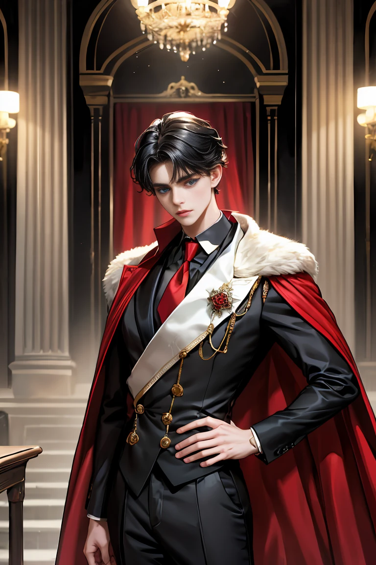 masterpiece, 最high quality, high quality, 1 boy, alone, Male focus, Watching the audience, Messy black hair, Adorable big blue eyes, White people, Noble, Noble,Sexy voluminous black and red cape、Tuxedo、A very voluminous, large, very large, very large, long, long red and black cape with a high stand-up collar, reaching down to the floor, made of a lot of fabric., ,Cute beautiful boys,Cute, cute, kind, handsome guy