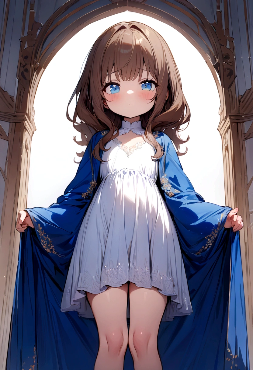 ((Masterpiece)), (((best quality))), hips wide open, ((blue colour eyes)), ((long brown hair)), ((shot White dress)),  (()), Bored, (cute), ((chest size big)), ((blue silk robe))