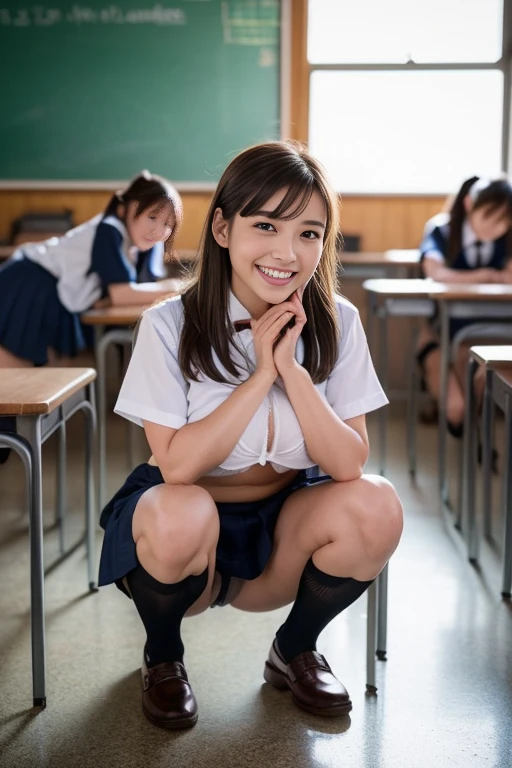 (((Squatting with legs spread wide:1.45)))、、(((Sexy panties:1.25)))、(((Sexy breasts:1.05)))、((Beautiful Japanese Girls:1.3)) ((School uniform:1.4)) ((Panty shot:1.5)) ((high school)),((Dark blue skirt:1.3)) ((In the classroom:1.3)) ((thin_fabric:1.4)) ((Random sexy poses:1.3)) ((Sweaty:1.5))((Blushing:1.4)) ((Big Breasts:1.4)) ((close:1.2)) Highest quality,Tabletop,Ultra-high resolution,(Realistic:1.4),RAW Photos,(Real skin texture:1.3),(Film Grain:1.3),Panorama,Character Portrait,Very wide shot,Tight waist,Cowboy Shot,(In the Dark, Deep Shadow, Low Key, Cold Light,) night,(()),Tears flow,,Dust,Tyndall effect,(Performance),One Girl,Beautiful and detailed eyes and face,White Jabot,Brown eyes,((Brown Hair:1.2)) ((whole body:1.3)) ((smile:1.3))