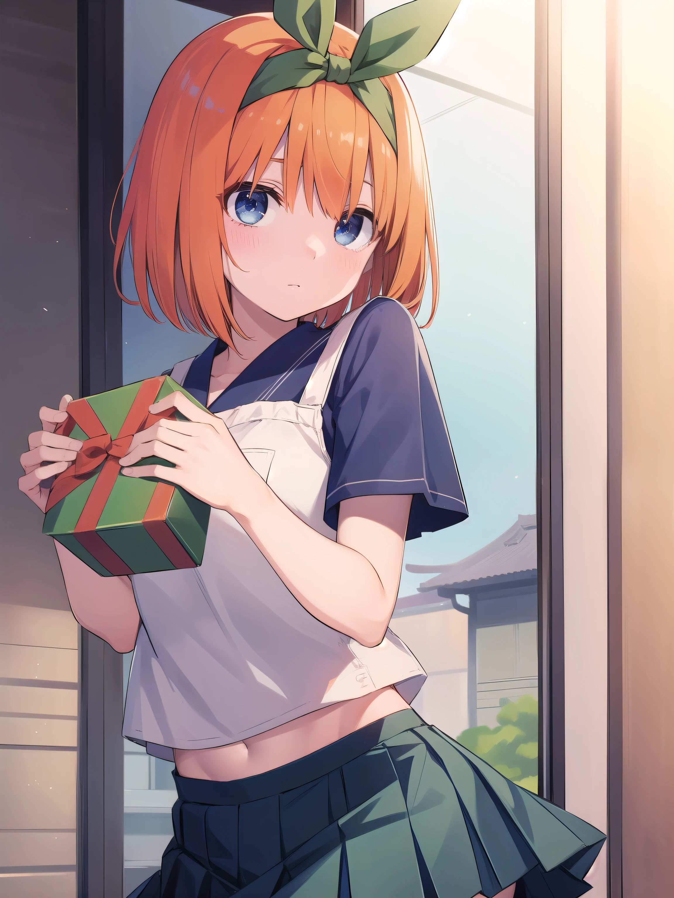 Yotsubanakano, Yotsuba Nakano, bangs, short hair, blue eyes, Hair between the eyes, hair ribbon, hair band, Orange Hair, Green ribbon, Breaking skirt, Give a gift