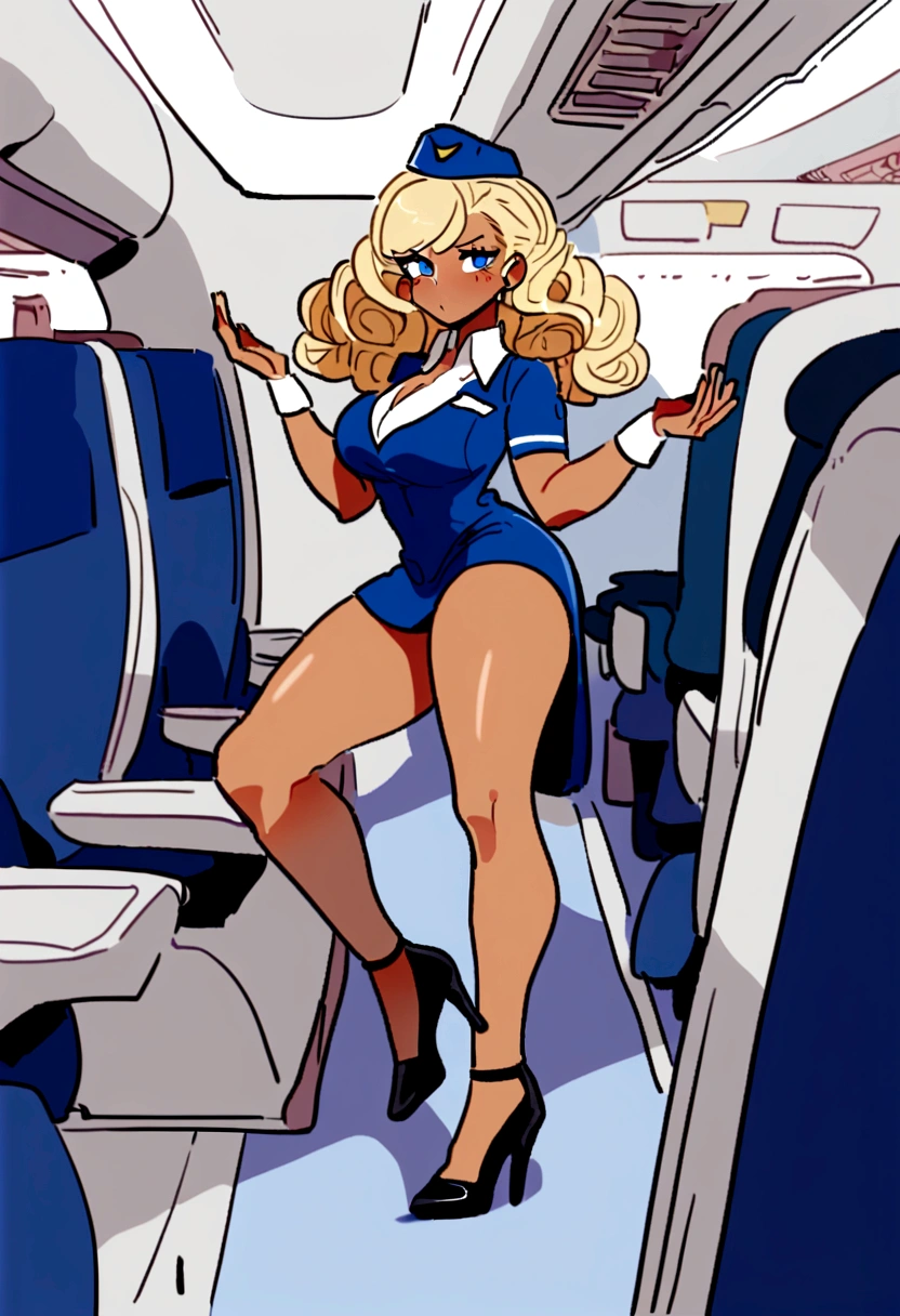A beautiful blonde woman,standing on your feet,high-heels,The legs are long and white,curlies, Blue eyes, Tanned skin, Wearing a flight attendant costume, in an airplane, full bodyesbian