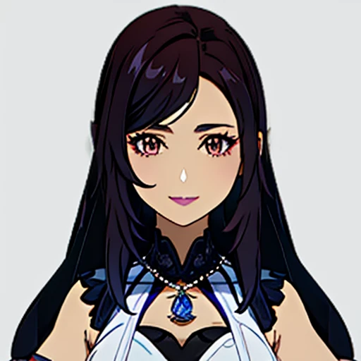 [a beautiful mature woman with a seductive smile and parted lips against a white background. She has sharp eyelashes, perfect brown eyes,  long black hair with bangs. His figure is voluptuous, with a narrow waist, Broad Hips, and huge breasts. The image has a style inspired by Genshin impact, with necklace with a purple crystal, rendered in high detail and HDR quality as a stunning work of art.] Full HD ,  Nude , oppai 