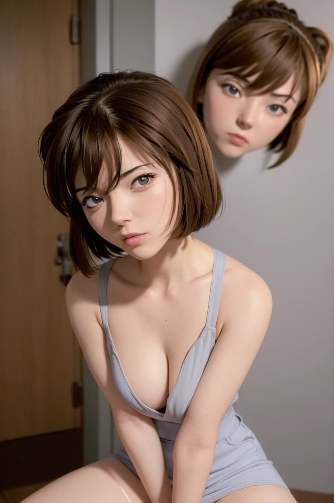 Highest quality, masterpiece, 4K, Highly detailed face, Highly detailed skin, Highly detailed wallpaper, Japanese anime, Second Dimension, Small face, Fine skin, Very beautiful cleavage, NSFW, whole body, One girl, Embarrassed face, On the bed, Bob Hairstyle, Brown Hair, Detective Conan, Haibara Ai, Shelley, Sweaty, About high school students, Cosplay, , mini skirt, Gestures to seduce a man, Spread your legs in an M shape