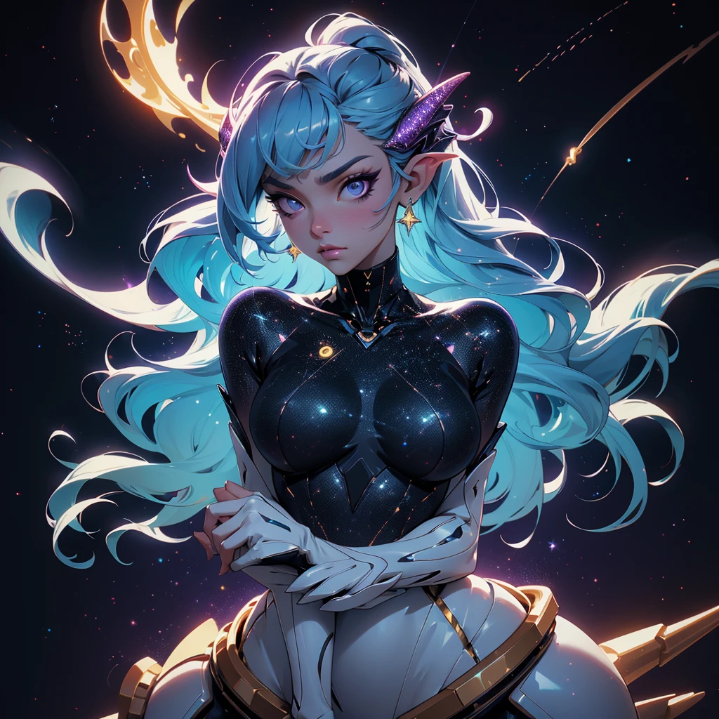 A space dragon sitting at the edge of the universe, lonely, sad, void, stars, the stars mixed in the sea, a sea of stars, ethereal woman, Blue and purple hair , space buns, space outfit, white black and gold outfit, golden dragon horns and tail, space outfit, space suit, mass effect suit, perfectly drawn face, black dress, stars detailed background, prismatic lighting, glitter, whole body, walking on the stars with crystal shoes A beautiful dragon humanoid woman with space hair of variant shades of blue and purple with space buns in hair , Golden scanes on the face and shoulders, Anime, 4k, Beautiful woman with a golden dragon tail and horns, Space hair, Floating in space, Vintage space Attire, floating through space, dancing, havign fun, Space Witch, Witch, Older woman, Toned physique, long hair with side bangs, humanoid face with scales, human with dragon horns and tail, witch outfit, body suit, thigh boots, wearing black, white and gold, blue hair, purple hair, Woman in space with water rippling reflecting the night sky, space and water mixed today, dancing in space, floating, ethereal dragon at the edge of the universe, end of the universe