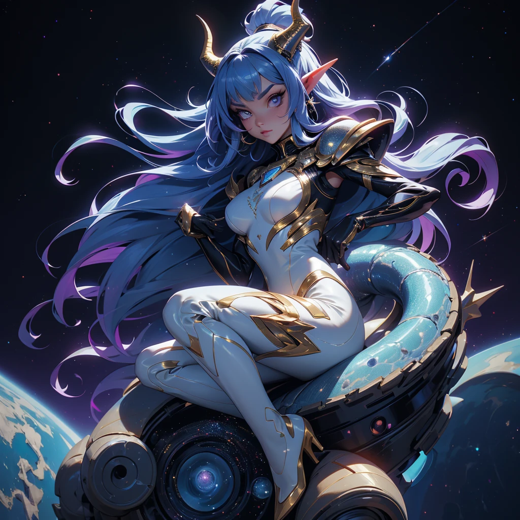 A space dragon sitting at the edge of the universe, lonely, sad, void, stars, the stars mixed in the sea, a sea of stars, ethereal woman, Blue and purple hair , space buns, space outfit, white black and gold outfit, golden dragon horns and tail, space outfit, space suit, mass effect suit, perfectly drawn face, black dress, stars detailed background, prismatic lighting, glitter, whole body, walking on the stars with crystal shoes A beautiful dragon humanoid woman with space hair of variant shades of blue and purple with space buns in hair , Golden scanes on the face and shoulders, Anime, 4k, Beautiful woman with a golden dragon tail and horns, Space hair, Floating in space, Vintage space Attire, floating through space, dancing, havign fun, Space Witch, Witch, Older woman, Toned physique, long hair with side bangs, humanoid face with scales, human with dragon horns and tail, witch outfit, body suit, thigh boots, wearing black, white and gold, blue hair, purple hair, Woman in space with water rippling reflecting the night sky, space and water mixed today, dancing in space, floating, ethereal dragon at the edge of the universe, end of the universe