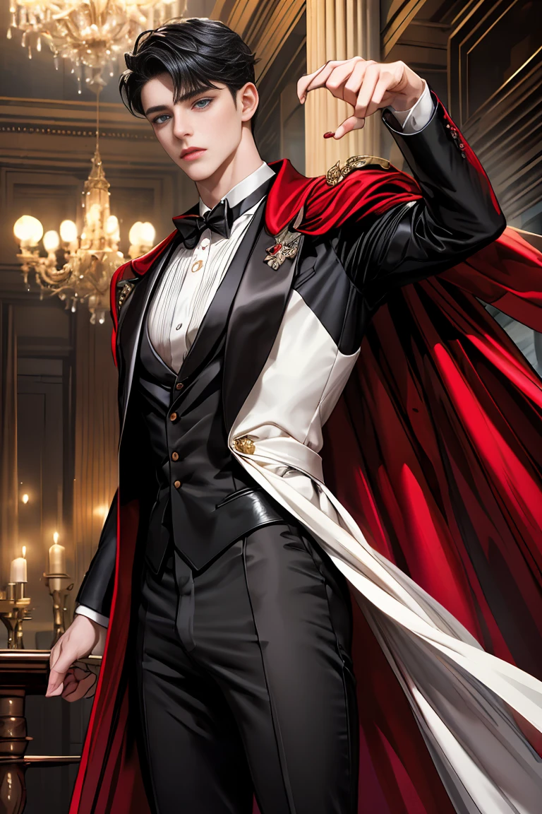 
masterpiece, 最high quality, high quality, 1 boy, alone, Male focus, Watching the audience,  Messy black hair, Adorable big blue eyes, White people, Noble, Noble,Sexy voluminous black and red cape、Tuxedo、A very voluminous, large, very large, very large, long, long red and black cape with a high stand-up collar, reaching down to the floor, made of a lot of fabric., 17 years old,Cute beautiful boys,Cute, cute, kind, handsome guy