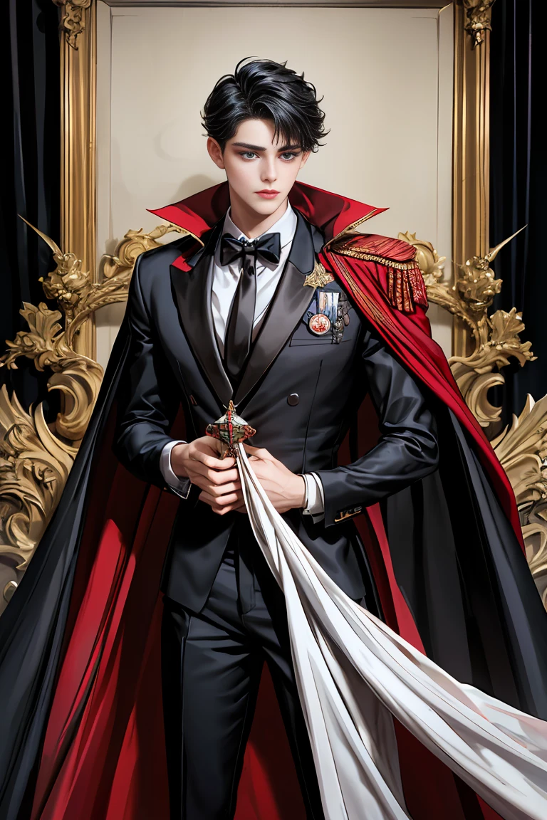masterpiece, 最high quality, high quality, 1 boy, alone, Male focus, Watching the audience, Messy black hair, Adorable big blue eyes, White people, Noble, Noble,Sexy voluminous black and red cape、Tuxedo、A very voluminous, large, very large, very large, long, long red and black cape with a high stand-up collar, reaching down to the floor, made of a lot of fabric., ,Cute beautiful boys,Cute, cute, kind, handsome guy